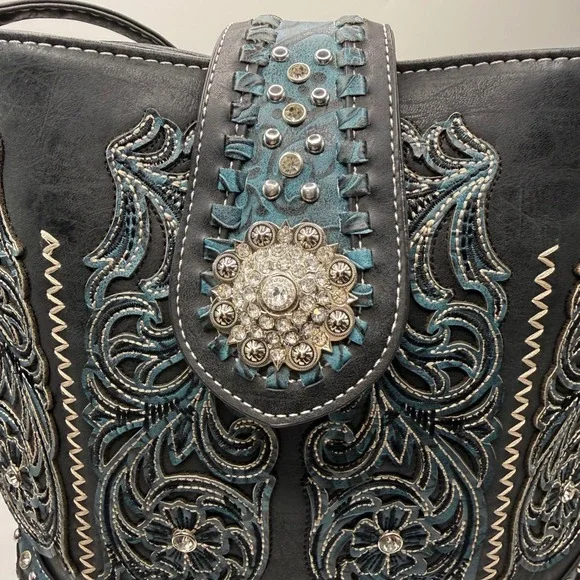 Western Embroidered Crossbody Bucket Bag Black Teal Floral Studded Concho Boho - Picture 2 of 14